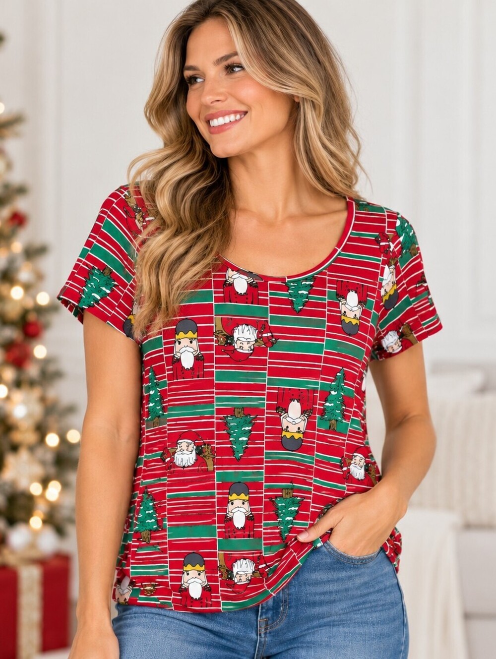 LuLaRoe Christmas Gnome and Tree Print Short Sleeve T-Shirt XXS